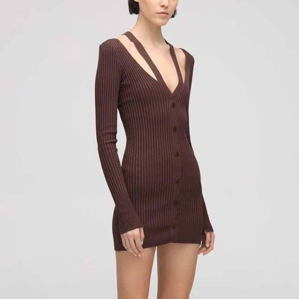 ANDREĀDAMO Dress Andrea Adamo Ribbed Knit Double Layer Button Mini Sz S